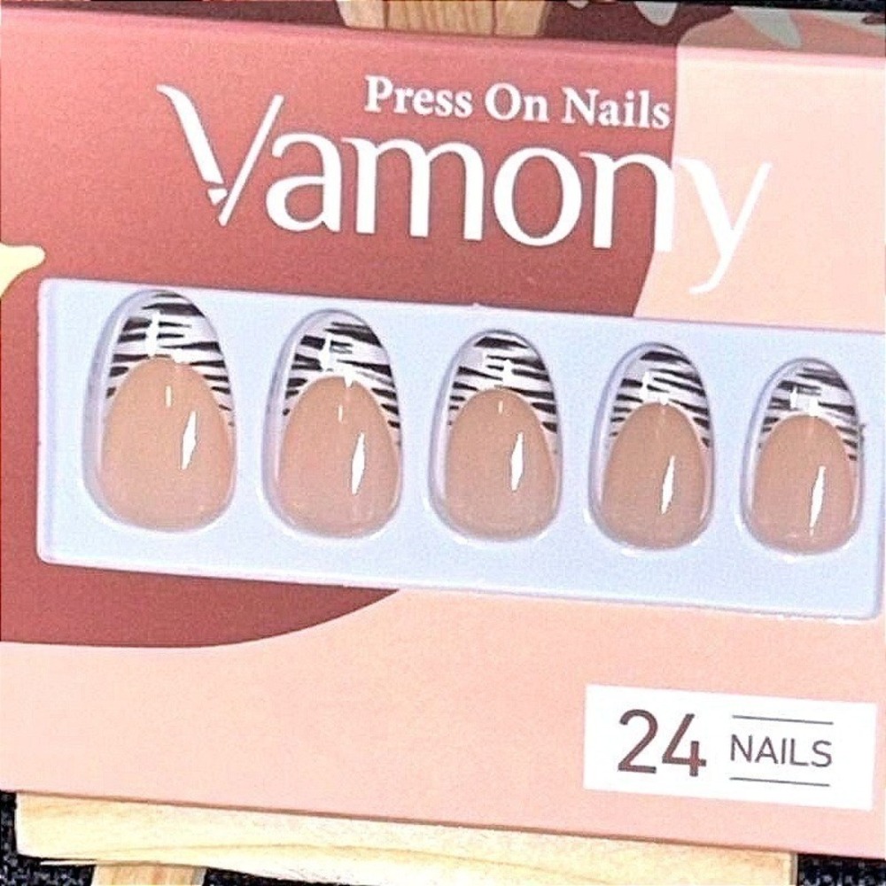 Zebra Print‎ French Tip Nails Nude Press On Nails Short Almond Trendy Neutral